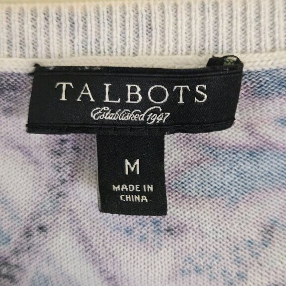 Talbots Silk Blend Purple Teal Paisley Classic Crewneck Cardigan Sweater Size M - Picture 6 of 7